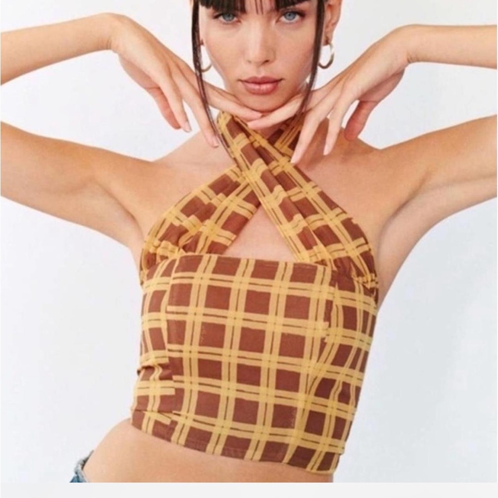 With Jean Plaid Halter Neck Top